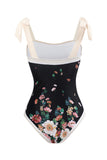 Vintage estampado negro de una pieza conjunto de trajes de baño con falda de playa