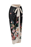 Vintage estampado negro de una pieza conjunto de trajes de baño con falda de playa