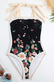 Vintage estampado negro de una pieza conjunto de trajes de baño con falda de playa