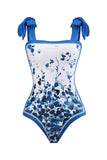 Vintage estampado negro de una pieza conjunto de trajes de baño con falda de playa