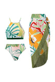 Set de bikini estampado verde de dos piezas con falda de playa