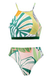 Set de bikini estampado verde de dos piezas con falda de playa