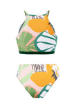 Set de bikini estampado verde de dos piezas con falda de playa