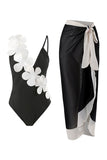 Traje de baño negro de cintura alta de una pieza con flor