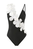 Traje de baño negro de cintura alta de una pieza con flor
