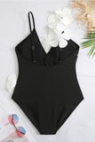 Traje de baño negro de cintura alta de una pieza con flor