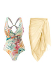 Set de traje de baño amarillo estampado de flores de una pieza con falda de playa