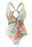 Set de traje de baño amarillo estampado de flores de una pieza con falda de playa