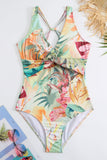 Set de traje de baño amarillo estampado de flores de una pieza con falda de playa