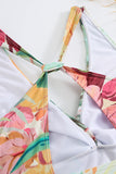 Set de traje de baño amarillo estampado de flores de una pieza con falda de playa