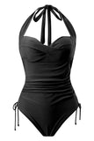 Traje de baño negro de cuello halter de una pieza con cordón