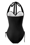 Traje de baño negro de cuello halter de una pieza con cordón