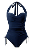 Traje de baño negro de cuello halter de una pieza con cordón