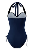 Traje de baño negro de cuello halter de una pieza con cordón