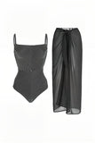 Traje de baño de una pieza de cintura alta a rayas negras con falda de playa