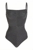 Traje de baño de una pieza de cintura alta a rayas negras con falda de playa