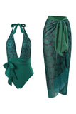 Halter Neck Green One Piece Swimwear con falda de playa