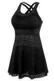 Jewel Neck Black One Piece Swimsuit con pantalones cortos