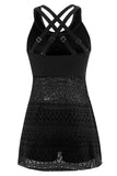 Jewel Neck Black One Piece Swimsuit con pantalones cortos
