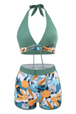 Dos piezas estampadas verde halter cuello cintura alta traje de baño