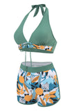 Dos piezas estampadas verde halter cuello cintura alta traje de baño