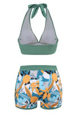 Dos piezas estampadas verde halter cuello cintura alta traje de baño