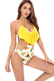 Halter One Piece Traje de baño amarillo impreso con volantes