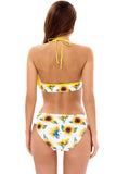 Halter One Piece Traje de baño amarillo impreso con volantes