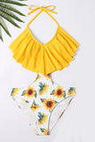 Halter One Piece Traje de baño amarillo impreso con volantes