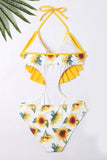Halter One Piece Traje de baño amarillo impreso con volantes