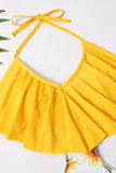 Halter One Piece Traje de baño amarillo impreso con volantes