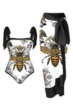 Negro estampado de una pieza Bikini traje de baño