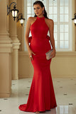 Red Mermaid Halter Open Back Vestido de fiesta largo con volantes