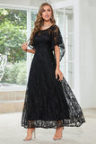 Encaje negro A-line cuello redondo mangas cortas madre del vestido de novia
