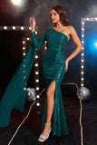 Vestido formal de sirena de gasa y lentejuelas de un hombro real