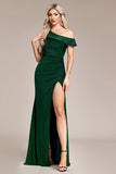 Vestido de fiesta largo de un hombro de sirena verde oscuro con purpurina con abertura