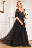 Vestido de fiesta negro de lentejuelas con cuello en V con cuello en V