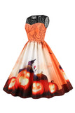 Vintage de Halloween Crew Neck Lace Panel Print Vestido