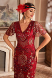 Vestido de Gatsby de la década de 1920 con flecos de escote en V verde oscuro con lentejuelas
