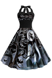 Vestido de Halloween vintage halter azul estampado