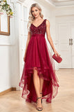 Alto bajo burdeos brillante lentejuelas V-Neck Prom vestido