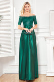 Vestido de Fiesta Largo Verde Oscuro con Lentejuelas, Off-Shoulder y Abertura