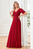 Burdeos Sparkly mangas cortas V-Neck vestido de fiesta largo