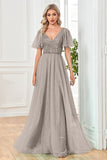 Tul A-Line lentejuelas Vestido formal negro con hendidura