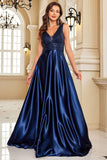 Vestido formal de satén azul marino de una línea con lentejuelas