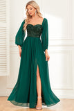Vestido de fiesta de lentejuelas verde oscuro de una línea con mangas