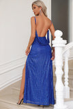Vestido de fiesta con tirantes de espagueti azul real brillante con abertura