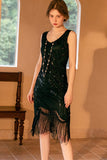 Vestido flapper Flapper de lentejuelas de vaina dorada negra brillante de la década de 1920 con flecos