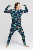 Pijamas de Navidad familiares de manga larga estampados en azul marino y verde