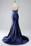 Vestido de fiesta largo con corsé plisado sin tirantes de sirena rosa rubor con abertura